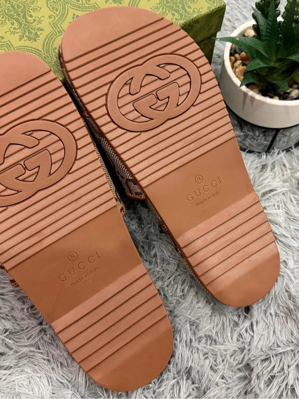Gucci Brown Monogram Canvas Slide Sandals with Tan Insole Accents
